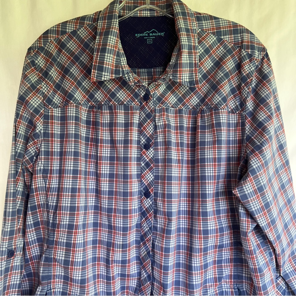Eddie Bauer Plus Sz 2XL Blue Plaid Long Sleeve Blouse Front Zip Pockets Detail